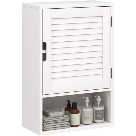 Armoire murale de salle de bain avec porte à lattes, étagère réglable et compartiment ouvert, 40x20x60cm, blanc