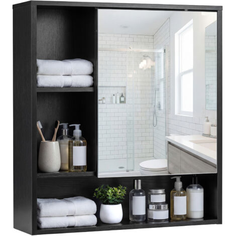 Armoire Murale de Salle de Bain avec Porte Miroir, Armoire à Pharmacie avec Porte et 3 Compartiments Ouverts, Armoire Suspendue, 16 x 56 x 61 cm, Noir