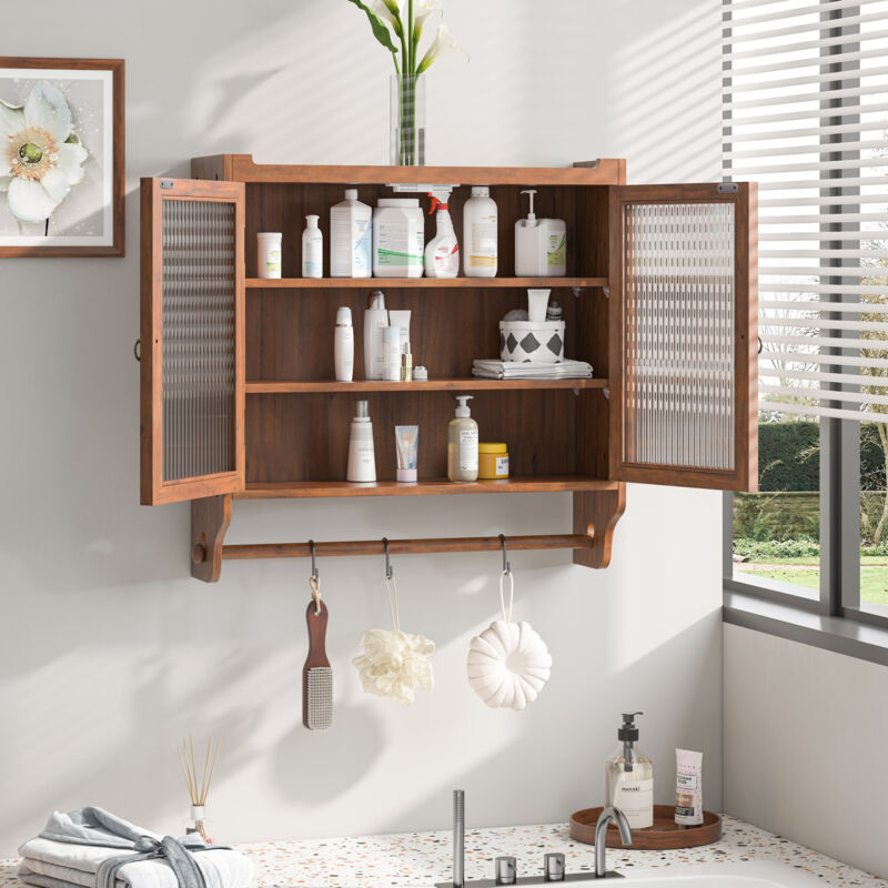 Armoire murale de salle de bain/ cuisine – 2 portes vitrées, porte-serviettes, étagères amovibles, bois et verre cannelé, 63×60×18 cm, brun