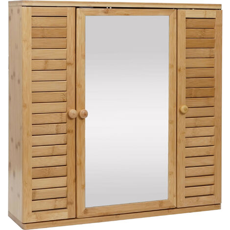 Armoire murale de salle de bain en bambou – 3 portes miroir – Dimensions 60x60x15 cm – Installation murale facile – HW - HWC-B18