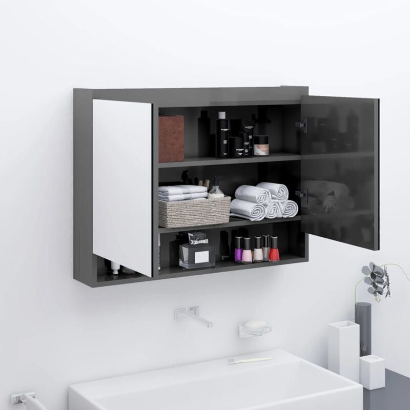 Bonnevie - Armoire murale de salle de bain à miroir - Meuble de rangement 80x15x60 cm mdf Gris brillant BV836001