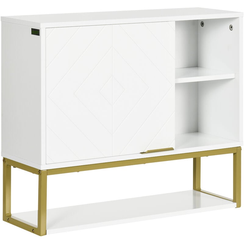 Kleankin - Armoire murale de salle de bain - porte, 2 étagères, 2 niches - acier doré mdf blanc