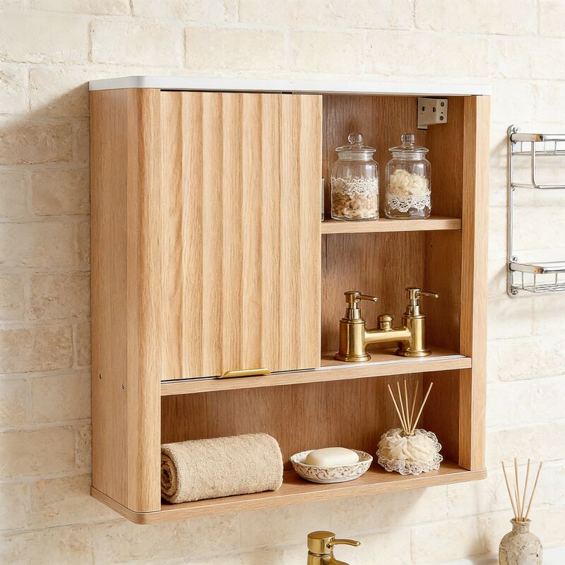 Armoire Murale de Salle de Bain Style Fluté avec Porte Coulissante, Armoire Médicale Moderne avec Plateau Faux Marbre & Étagère Réglable, Profil