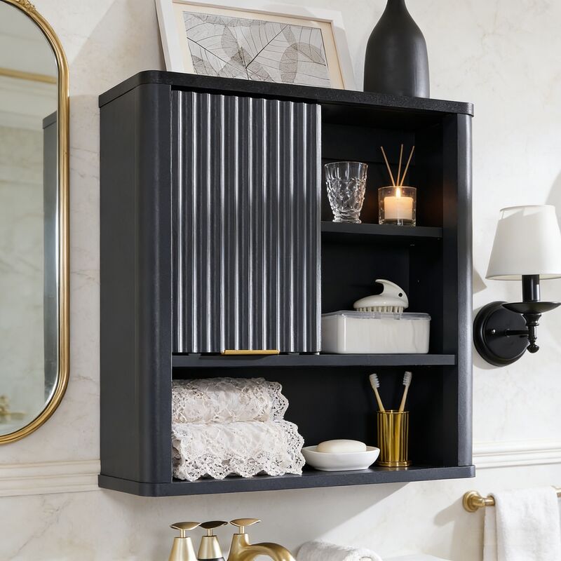 Armoire Murale de Salle de Bain Style Fluté avec Porte Coulissante, Armoire Médicale Moderne avec Plateau Faux Marbre & Étagère Réglable, Profil