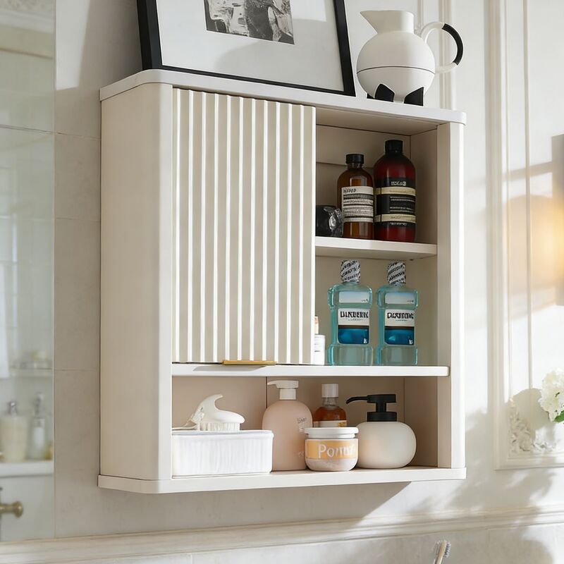 Armoire Murale de Salle de Bain Style Fluté avec Porte Coulissante, Armoire Médicale Moderne avec Plateau Faux Marbre & Étagère Réglable, Profil
