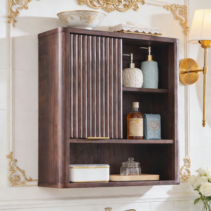 Armoire Murale de Salle de Bain Style Fluté avec Porte Coulissante, Armoire Médicale Moderne avec Plateau Faux Marbre & Étagère Réglable, Profil