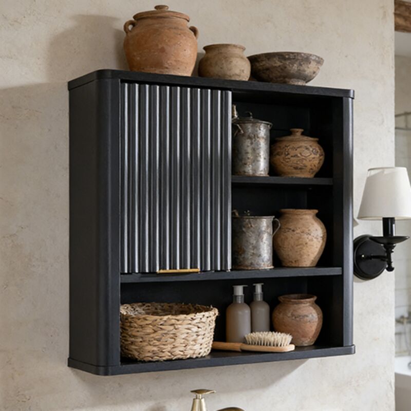 Armoire Murale de Salle de Bain Style Fluté avec Porte Coulissante, Armoire Médicale Moderne avec Plateau Faux Marbre & Étagère Réglable, Profil