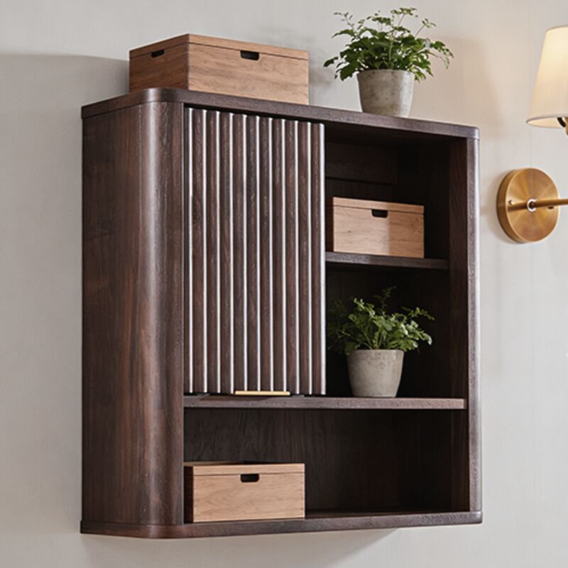 Armoire Murale de Salle de Bain Style Fluté avec Porte Coulissante, Armoire Médicale Moderne avec Plateau Faux Marbre & Étagère Réglable, Profil