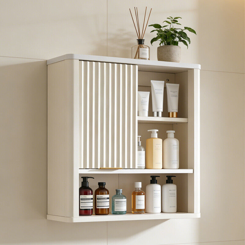 Armoire Murale de Salle de Bain Style Fluté avec Porte Coulissante, Armoire Médicale Moderne avec Plateau Faux Marbre & Étagère Réglable, Profil