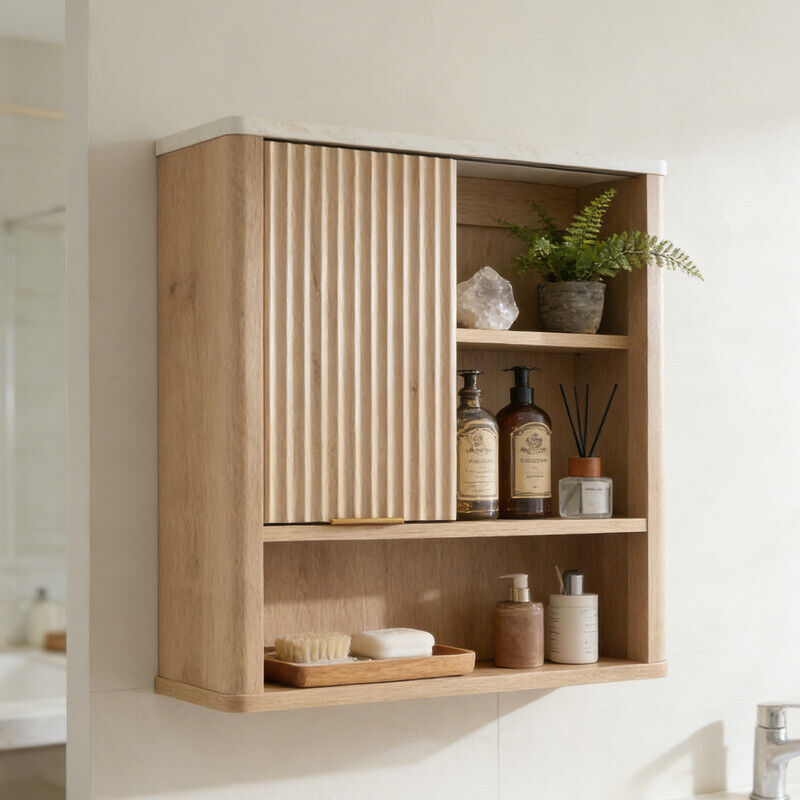 Armoire Murale de Salle de Bain Style Fluté avec Porte Coulissante, Armoire Médicale Moderne avec Plateau Faux Marbre & Étagère Réglable, Profil