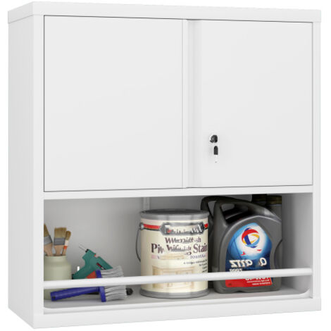Armoire murale en métal 2 portes avec étagères réglables, rangement gain de place, blanc