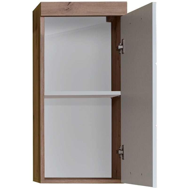 Pegane - Armoire murale, meuble haut de salle de bain coloris chêne à noeuds et blanc brillant - Longueur 37 x hauteur 77 x profondeur 23 cm