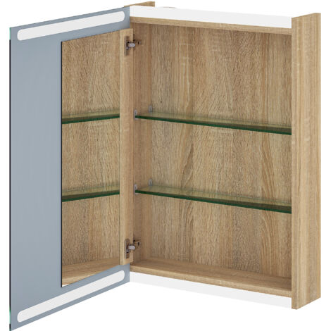 Armoire murale meuble salle de bain avec miroir, éclairage LED et étagères en verre réglables 50x12,5x70cm, bois naturel