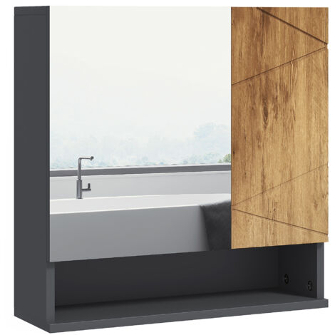 Armoire murale miroir de salle de bain placard de rangement 2 portes 55 x 17 x 55 cm naturel gris foncé
