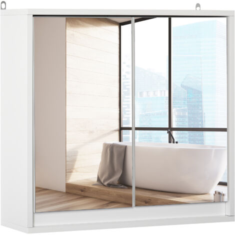 Armoire Murale Miroir Salle de Bain 2 étagères dim. 48L x 14l x 45H cm Panneaux Particules MDF Blanc