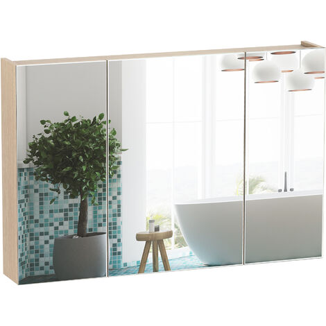 main image of "Armoire murale miroir salle de bain 3 portes 3 étagères dim. 90L x 14l x 60H cm panneaux particules chêne clair"