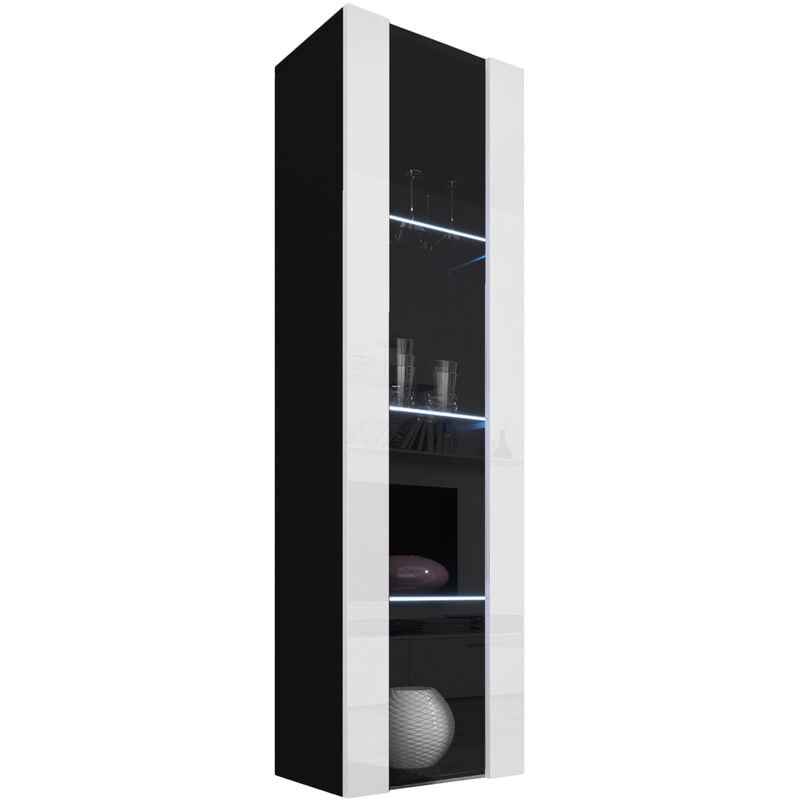 Lettiemobili - Vitrine Murale Verticale avec led Meuble de Rangement 40x170x29cm 3 compartiments 1 porte 1 vitrine Modèle Nora V5 Noir et Blanc