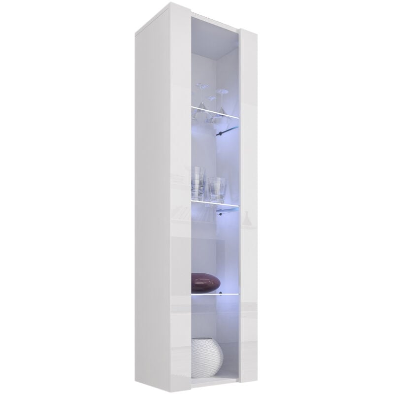 Lettiemobili - Vitrine Murale Verticale avec led Meuble de Rangement 40x170x29cm 3 compartiments 1 porte 1 vitrine Modèle Nora V5 Blanc Finition