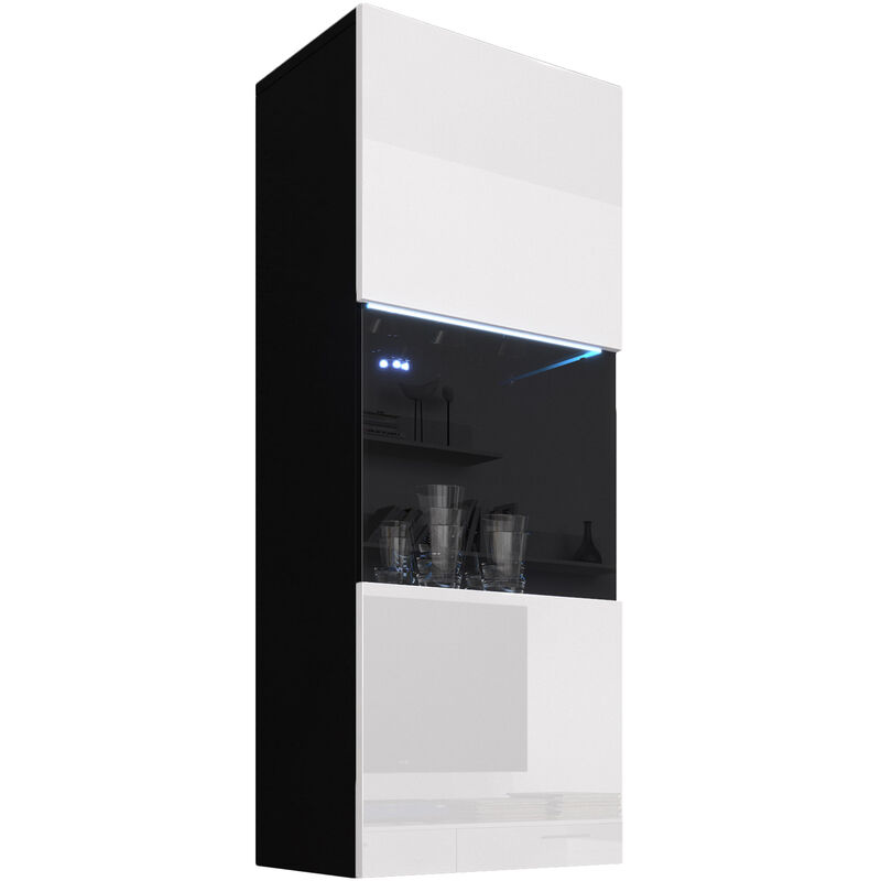 Design Ameublement - Armoire Verticale LED | 40 x 126 x 29cm | Noir et Blanc Finition brillante | 3 compartiments 1 porte 1 vitrine | Meuble de