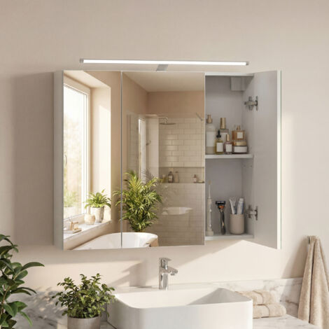 Armoire Murale pour Salle de bain, 3 Portes Miroir, avec Éclairage, Étagères Ajustables, 15 x 70 x 60 cm, Blanc