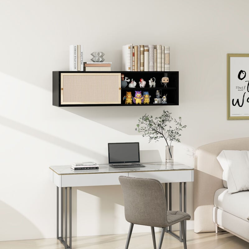 Okwish - Armoire murale rectangulaire noire, portes coulissantes gauche et droite, osier en rotin, longueur 110 cm, convient pour chambre, bureau,