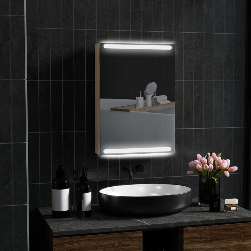 Armoire murale salle de bain 1 porte miroir lumineux led intégré 50 x 70 cm 2 étagères verre effet bois