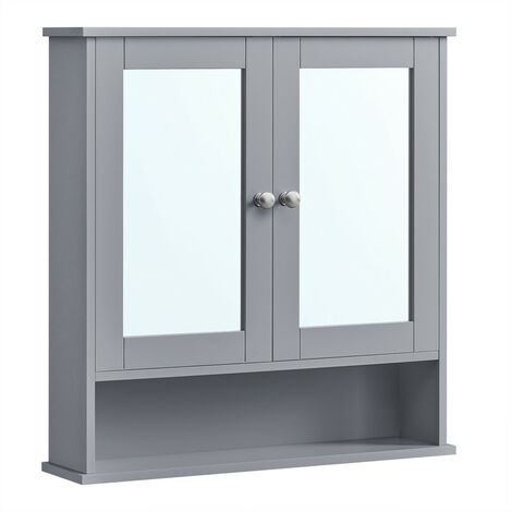 Armoire Murale Salle de Bain, 2 Portes avec miroir et Compartiment Ouvert, Étagère Réglable, 56 x 13 x 58 cm, Gris Tourterelle