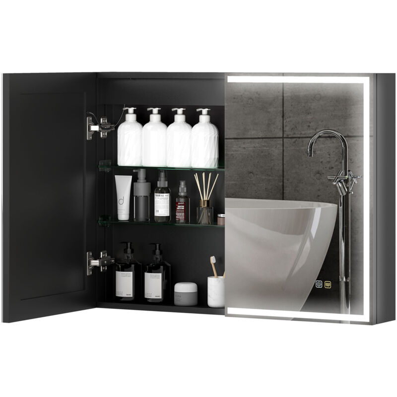 Homcom - Armoire murale salle de bain 2 portes miroir lumineux led intégré 60 x 80 cm 2 étagères verre alu noir