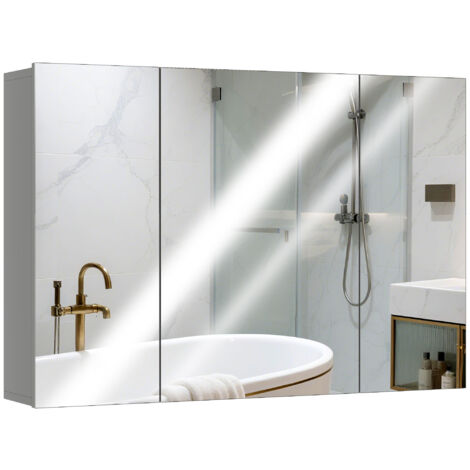 Armoire murale salle de bain 3 portes miroir, étagères réglables MDF gris, rangement mural 90x15x60 cm, meuble suspendu design avec miroirs, solution gain de place.
