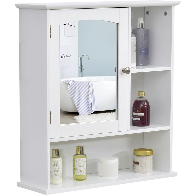 Kleankin - Armoire murale salle de bain armoire à glace placard de rangement toilettes 1 porte niche + étagères latérales mdf blanc