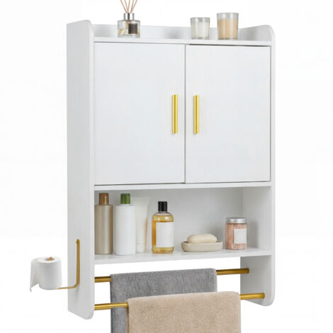 Armoire Murale Salle de Bain avec 2 Portes, Étagères Réglable et Amovible, Compartiment Ouvert, 2 Porte-Serviettes, 55 x 20 x 80 cm, Blanc