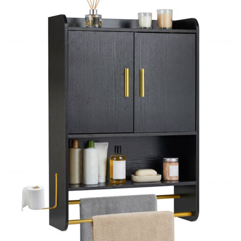 Armoire Murale Salle de Bain avec 2 Portes, Étagères Réglable et Amovible, Compartiment Ouvert, 2 Porte-Serviettes, 55 x 20 x 80 cm, Noir