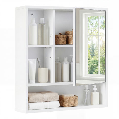 Armoire Murale Salle de Bain avec Miroir, 55 x 61 cm, Armoire de Toilette avec Étagère Réglable, 3 Compartiments Ouverts, Blanc