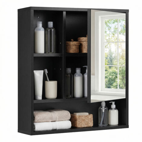 Armoire Murale Salle de Bain avec Miroir, 55 x 61 cm, Armoire de Toilette avec Étagère Réglable, 3 Compartiments Ouverts, Noir