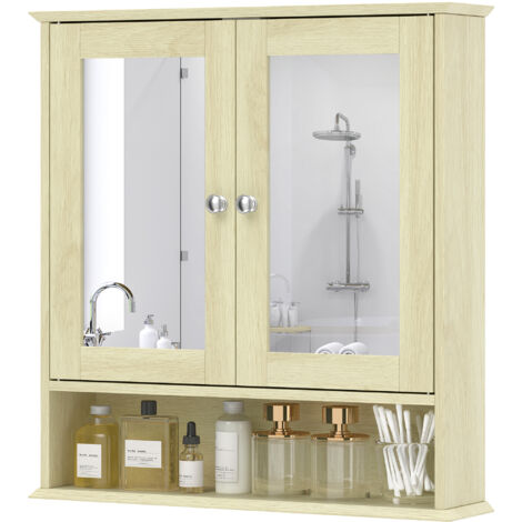 Armoire murale salle de bain avec miroir, 56 x 13 x 58 cm, meuble salle de bain avec Portes Miroir Doubles Bois Naturel