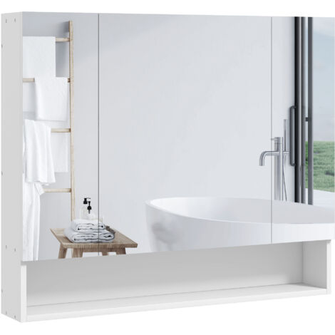 Armoire murale salle de bain avec miroir, armoire de toilette 3 portes miroir, étagères réglables, 90x15x75cm, blanc-Blanc