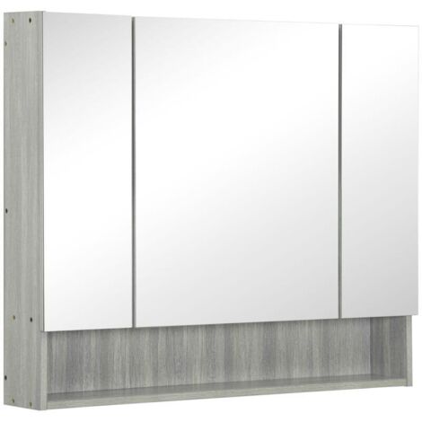 Armoire murale salle de bain avec miroir, armoire de toilette 3 portes miroir, étagères réglables, 90x15x75cm, gris