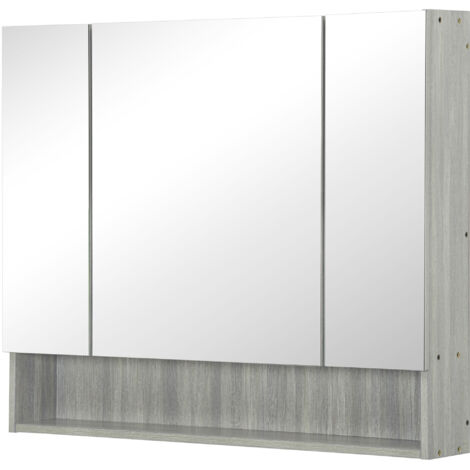 Armoire murale salle de bain avec miroir, armoire de toilette 3 portes miroir, étagères réglables, 90x15x75cm, gris
