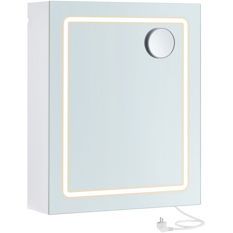 Armoire Murale Salle de Bain avec Miroir, avec LED, Multiprise, Fonction Anti-buée, Miroir Grossissant 10x, Style Moderne, 16,5 x 50 x 60 cm, Blanc