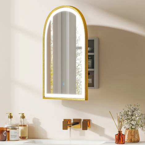 Armoire murale salle de bain avec miroir et éclairage LED. porte arquée. anti-buée. 50x14.5x70cm. doré