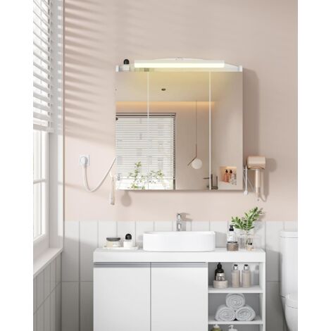 Armoire Murale Salle de Bain avec Miroir et LED, Multiprise 2AC+2USB, Meuble de Salle de Bain, Support pour sèche-Cheveux, Interrupteur, Étagère Réglable