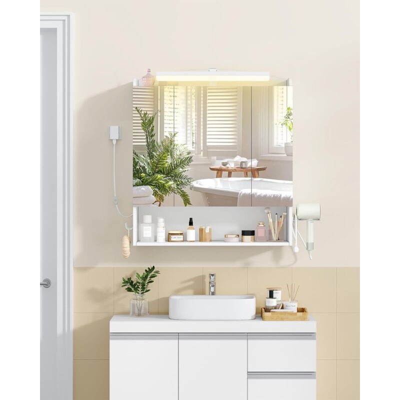 Armoire Murale Salle de Bain avec Miroir et LED, Support pour sèche-Cheveux et Crochets, Interrupteur et Prise, Étagère Réglable, Meuble de Salle de
