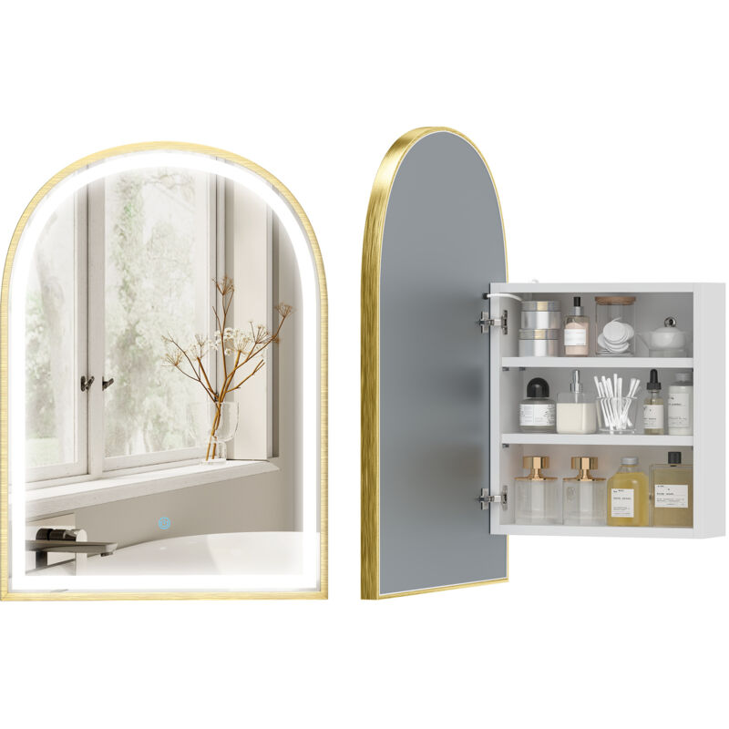 Armoire murale salle de bain avec miroir - HOMCOM - éclairage LED, porte arquée, anti-buée - alliage d'aluminium - 50x70cm - doré