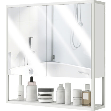 Armoire murale salle de bain avec miroir, meuble salle de bain, 2 portes miroir, étagère ouverte 60 x 16 x 60 cm blanc