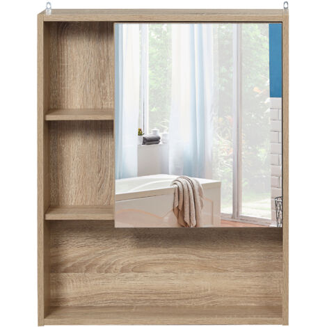 Armoire murale salle de bain avec miroir, meuble salle de bain, 5 compartiments et étagère réglable, 60x15x76cm, chêne