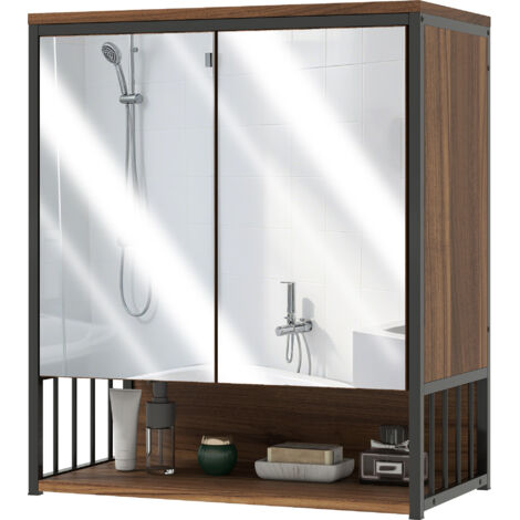 Armoire murale salle de bain avec miroir meuble salle de bain avec compartiment ouvert porte à fermeture amortie marron