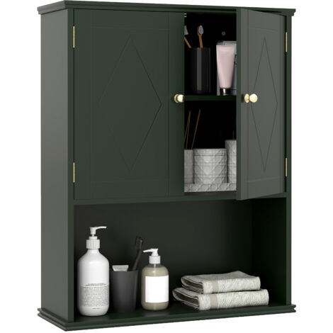 Armoire Murale Salle de Bain, Meuble WC Suspendu avec 2 Portes, Étagère Réglable, Compartiment Ouvert, Style Ferme, Gain de Place, Vert