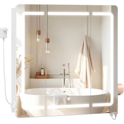 Armoire Murale Salle de Bain Miroir LED, 3 Températures, Armoire de Toilette Miroir avec 3 Portes Miroir et Étagère Réglable,Blanc