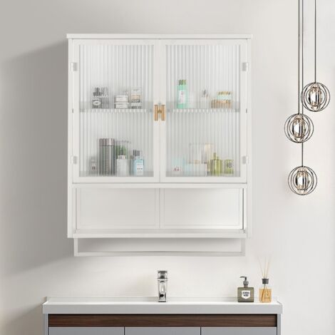 Armoire murale salle de bain-Portes verre-Rangement 2 niveaux-Étagère-Porte-serviettes-60x23x78(cm)