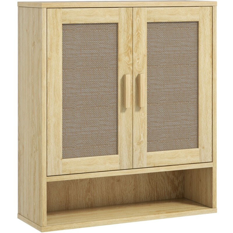 Homcom - Armoire murale salle de bain wc style bohème - 2 portes, étagère, niche - effet rotin bois clair